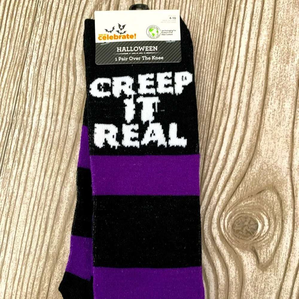 Women’s over the knee socks “Creep it real” purple and black stripes 4-10 - Picture 1 of 3